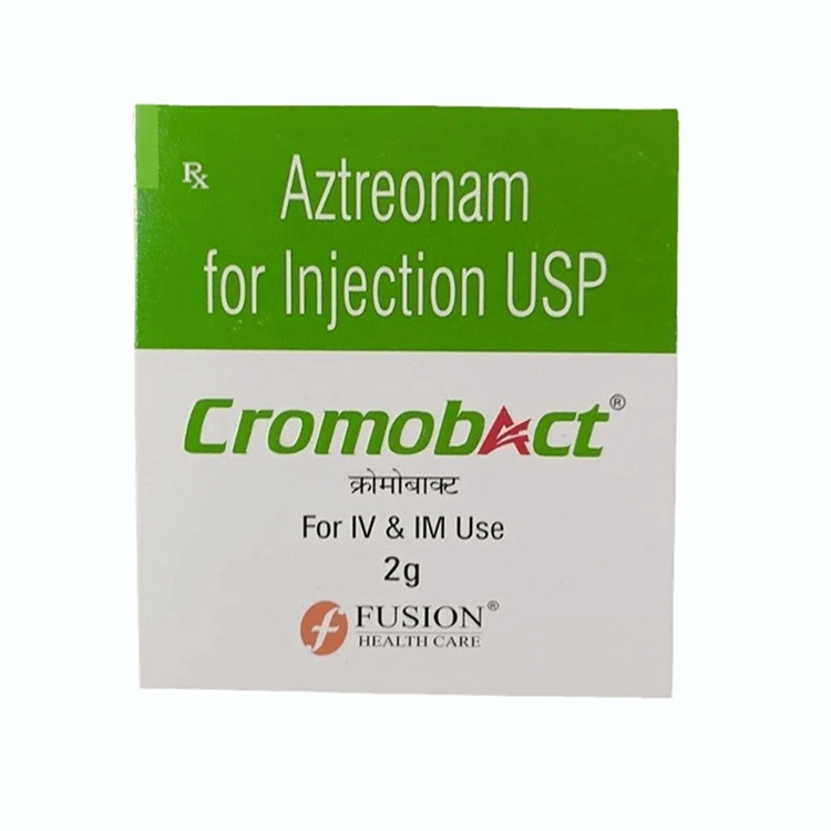 Front of Cromobact Aztreonam for Injection USP 2gm box by Fusion Health Care.