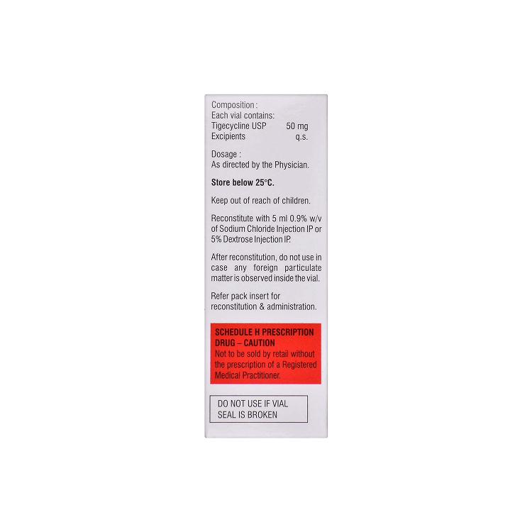 Side view of the EMTIG 50 mg box detailing composition, reconstitution instructions, storage below 25°C, and Schedule H warning by Emcure.