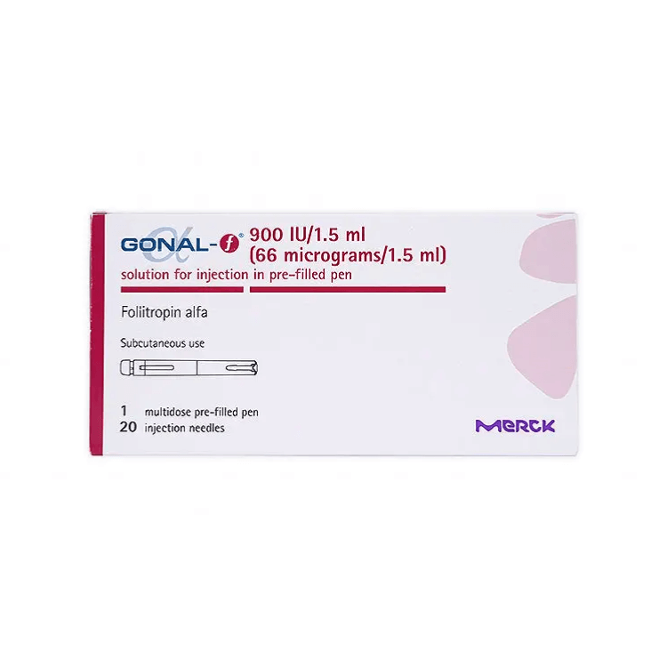 Front view of Gonal-f 900 IU/1.5 ml (66 micrograms/1.5 ml) multidose pre-filled pen box for subcutaneous use by Merck.