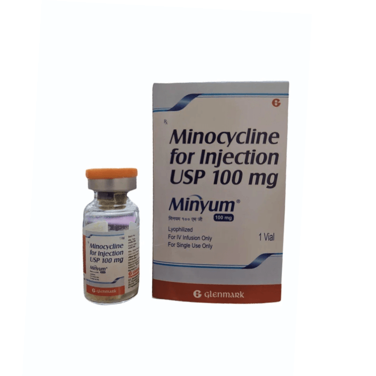 Perspective view showing the Minyum 100 mg box alongside its sterile glass vial with an orange cap containing lyophilized powder by Glenmark.