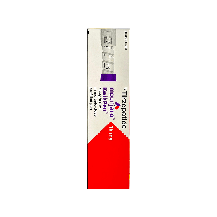Side of Mounjaro KwikPen 15 mg Tirzepatide prefilled pen box by Lilly.