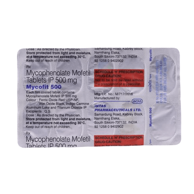 Mycophenolate Mofetil tablets packaging with label on a white background