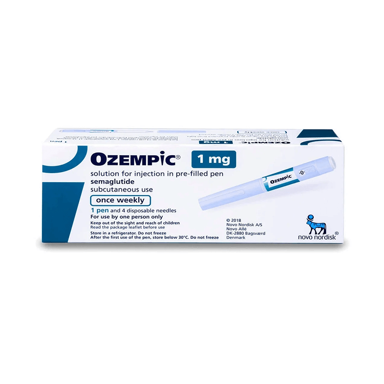 Front of Ozempic 1 mg semaglutide injection box and pre-filled pen by Novo Nordisk.