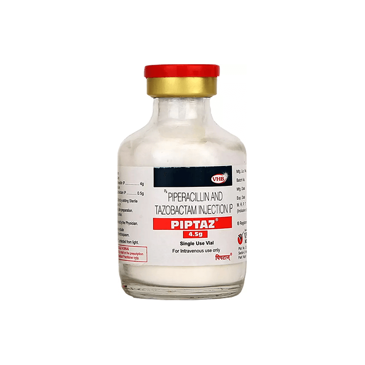 Close-up front view of the Piptaz 4.5g sterile glass vial with a red cap for intravenous use by VHB.