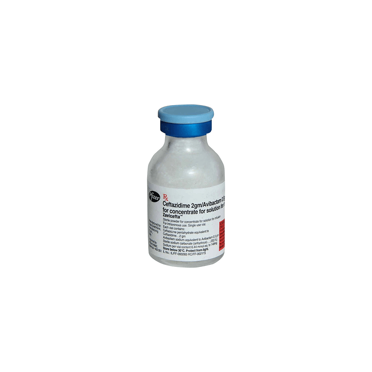 Close-up front view of the Zavicefta sterile glass vial containing white powder for IV infusion by Pfizer detailing storage below 30°C.