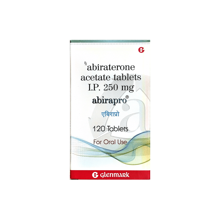 Front view of Abirapro 250 mg Abiraterone acetate 120 tablets box by Glenmark.