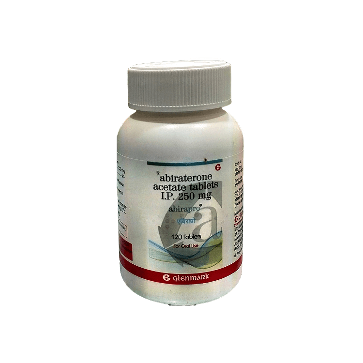 Angled front view of Abirapro 250 mg Abiraterone acetate 120 tablets bottle by Glenmark.