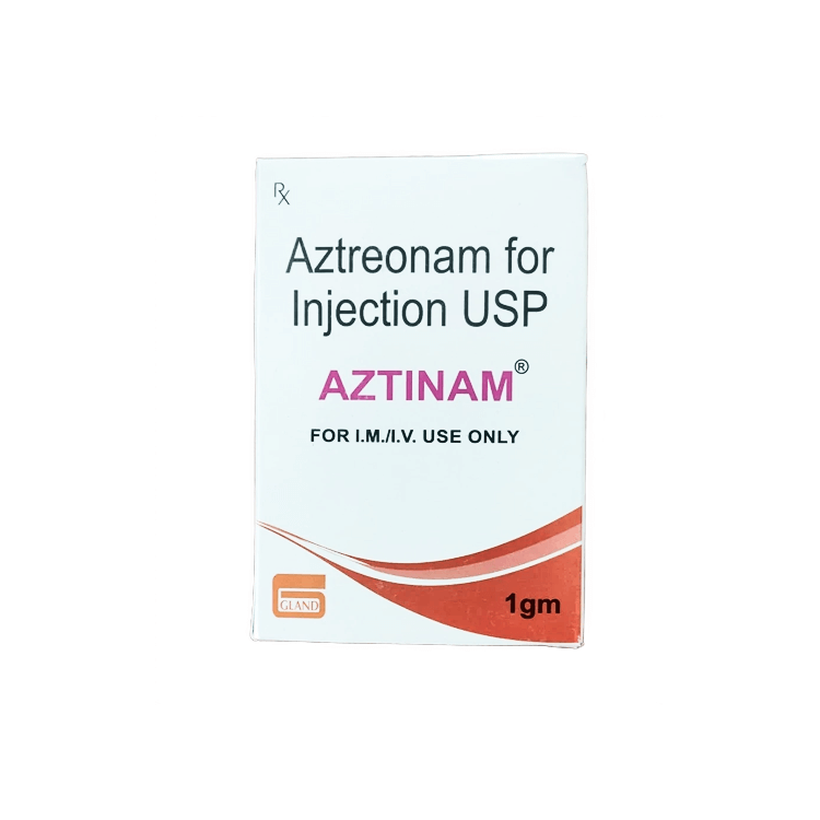 Front view of AZTINAM 1gm (Aztreonam for Injection USP) box by Gland Pharma indicating for I.M. / I.V. use only.