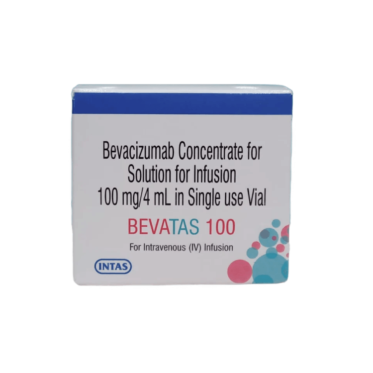 Front view of Bevatas 100 (Bevacizumab 100 mg/4 mL) single-use vial infusion box by INTAS.