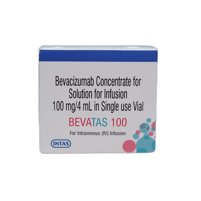 Front view of Bevatas 100 (Bevacizumab 100 mg/4 mL) single-use vial infusion box by INTAS.
