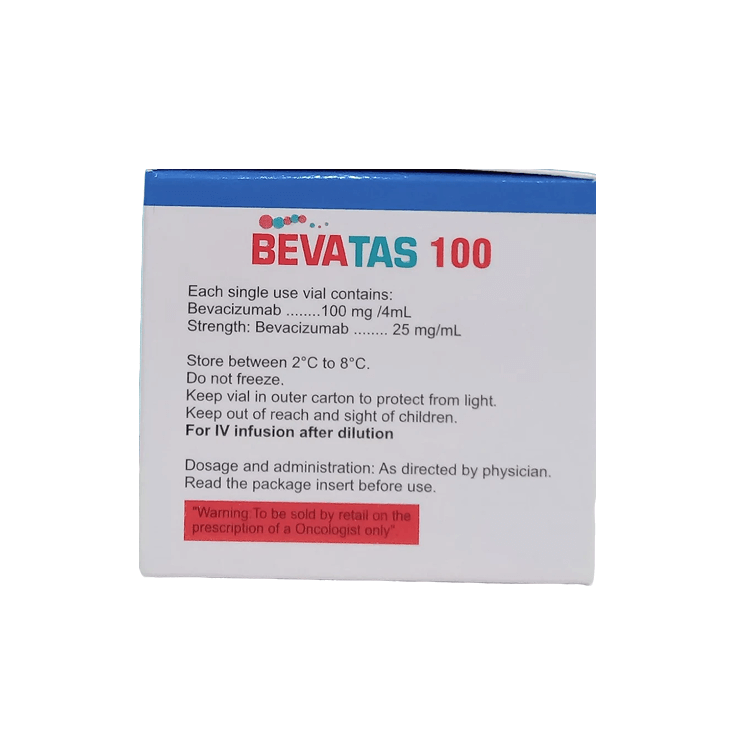 Back view of Bevatas 100 box showing 25 mg/mL strength, storage instructions, and oncologist prescription warning.