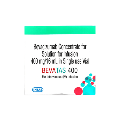 Front view of Bevatas 400 (Bevacizumab 400 mg/16 mL) single-use vial infusion box by INTAS.