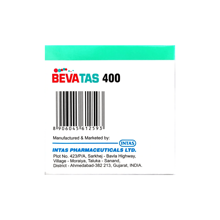 Side view of Bevatas 400 box displaying INTAS manufacturing details and barcode serial number 8906045612593.