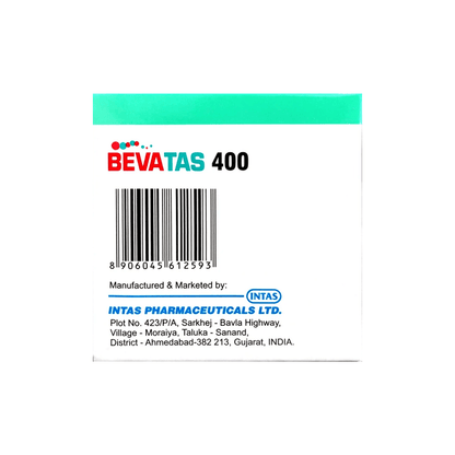 Side view of Bevatas 400 box displaying INTAS manufacturing details and barcode serial number 8906045612593.