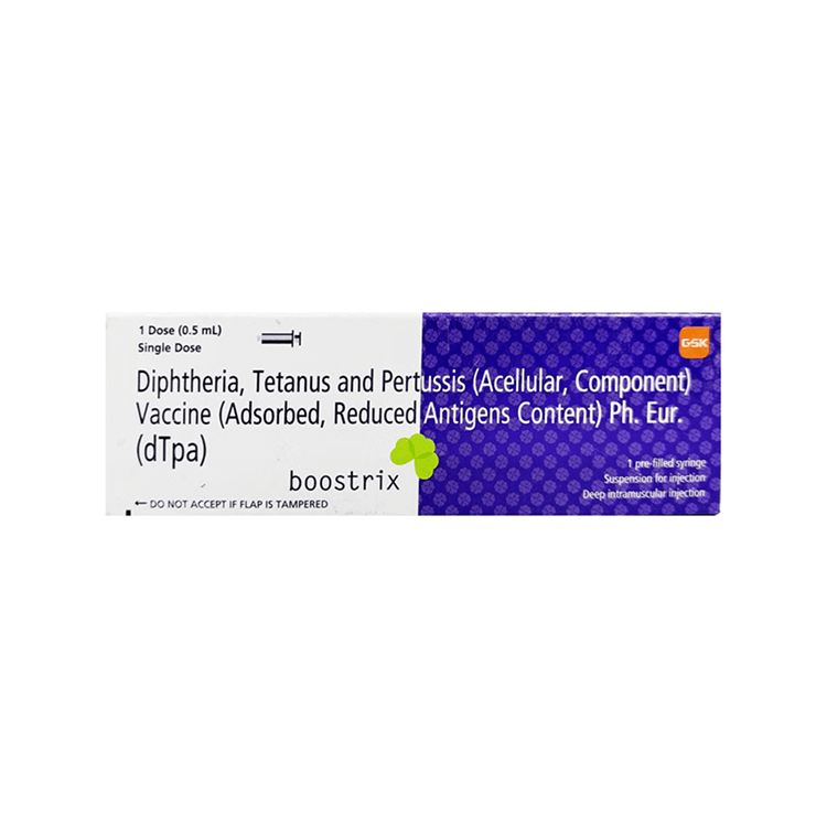 Front view of Boostrix (Diphtheria, Tetanus and Pertussis dTpa Vaccine) 0.5mL single-dose pre-filled syringe box by GSK.