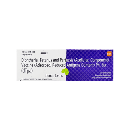 Front view of Boostrix (Diphtheria, Tetanus and Pertussis dTpa Vaccine) 0.5mL single-dose pre-filled syringe box by GSK.