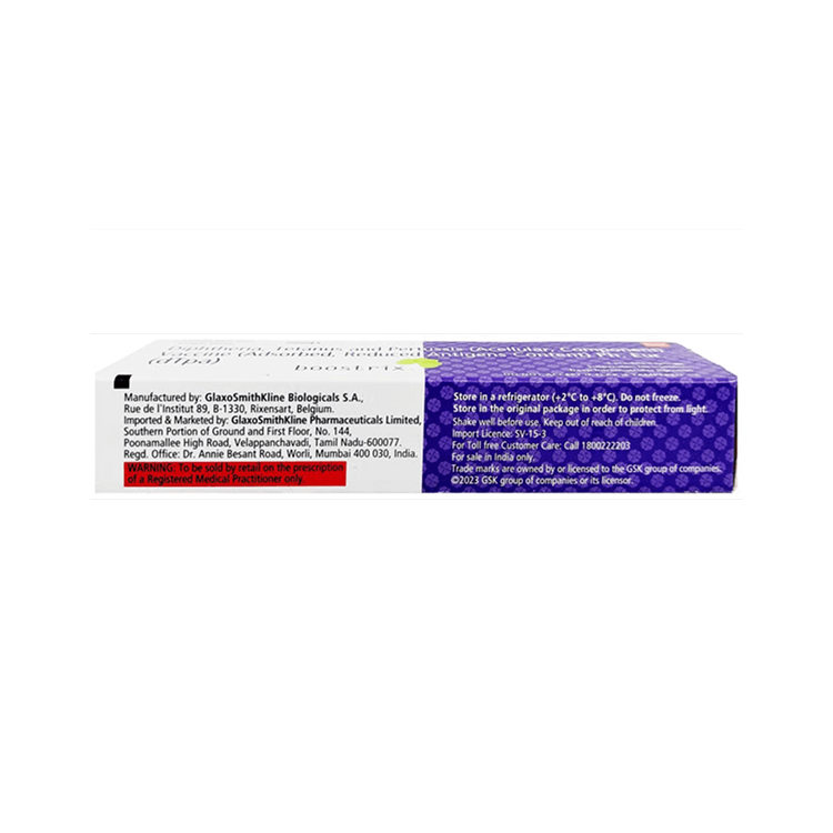 Side view of the Boostrix box detailing strict +2°C to +8°C refrigeration storage and prescription-only warnings by GSK.