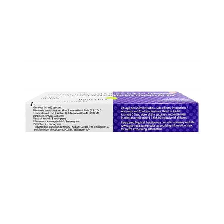 Back view of the Boostrix 0.5mL box detailing dosage, specific toxoid units, and pertussis antigen composition by GSK.