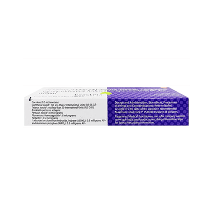 Back view of the Boostrix 0.5mL box detailing dosage, specific toxoid units, and pertussis antigen composition by GSK.