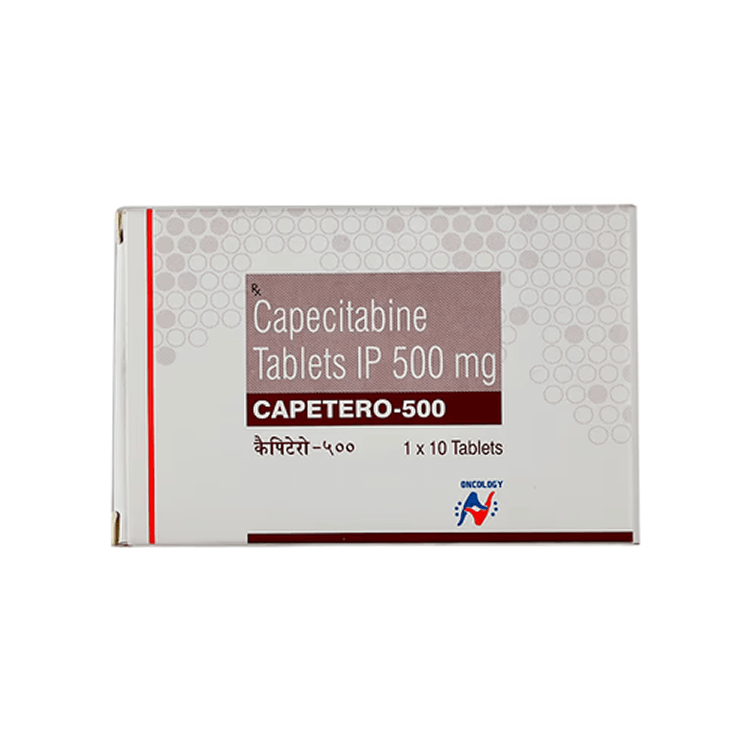 Front view of Capetero-500 Capecitabine Tablets IP 500 mg 1x10 box by Hetero Oncology.
