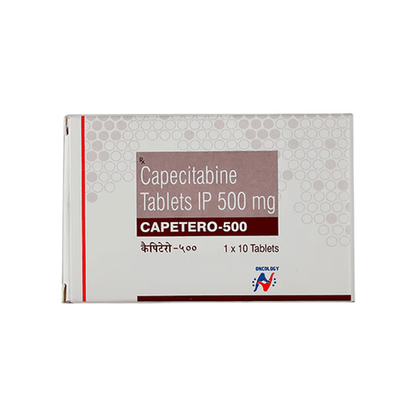 Front view of Capetero-500 Capecitabine Tablets IP 500 mg 1x10 box by Hetero Oncology.