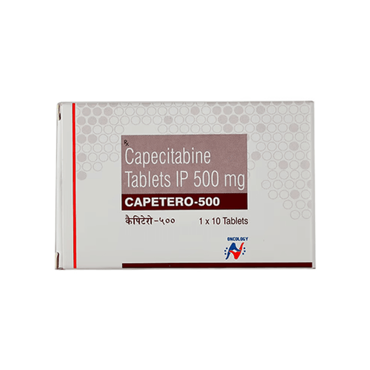 Front view of Capetero-500 Capecitabine Tablets IP 500 mg 1x10 box by Hetero Oncology.