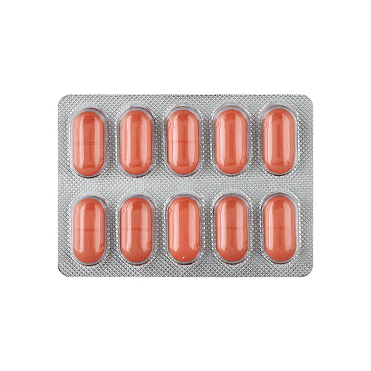 Front view of blister pack featuring 10 red film-coated Capetero-500 (Capecitabine 500mg) tablets.
