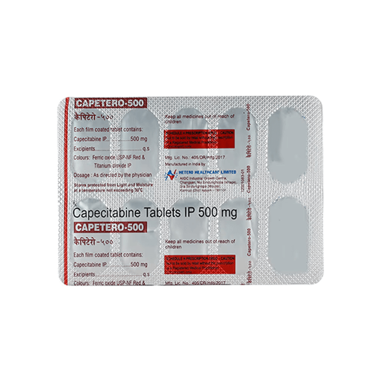 Back view of blister pack (Mfg. Lic. No. 405/DR/mfg/2017) showing Capetero-500 Capecitabine 500mg composition and Hetero manufacturer details.