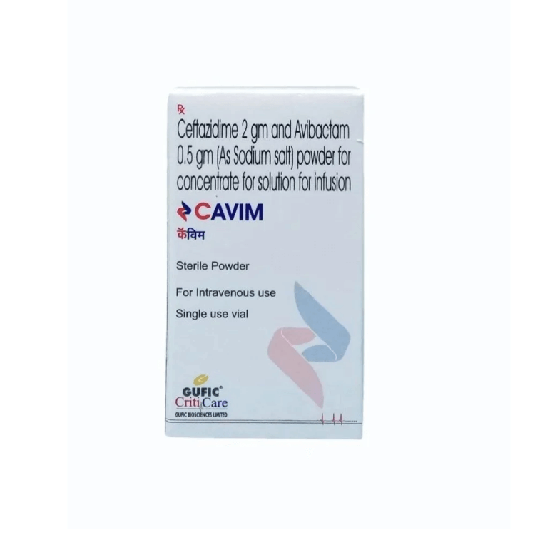 Front view of CAVIM (Ceftazidime 2 gm and Avibactam 0.5 gm) sterile powder single-use vial box by GUFIC CritiCare.