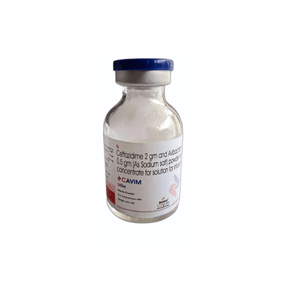 Close-up front view of the CAVIM sterile glass vial containing white powder for IV infusion by GUFIC CritiCare.