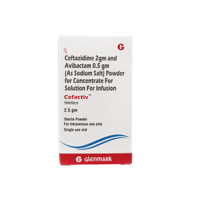 Front of Cefactiv Ceftazidime and Avibactam 2.5g Injection box by Glenmark.