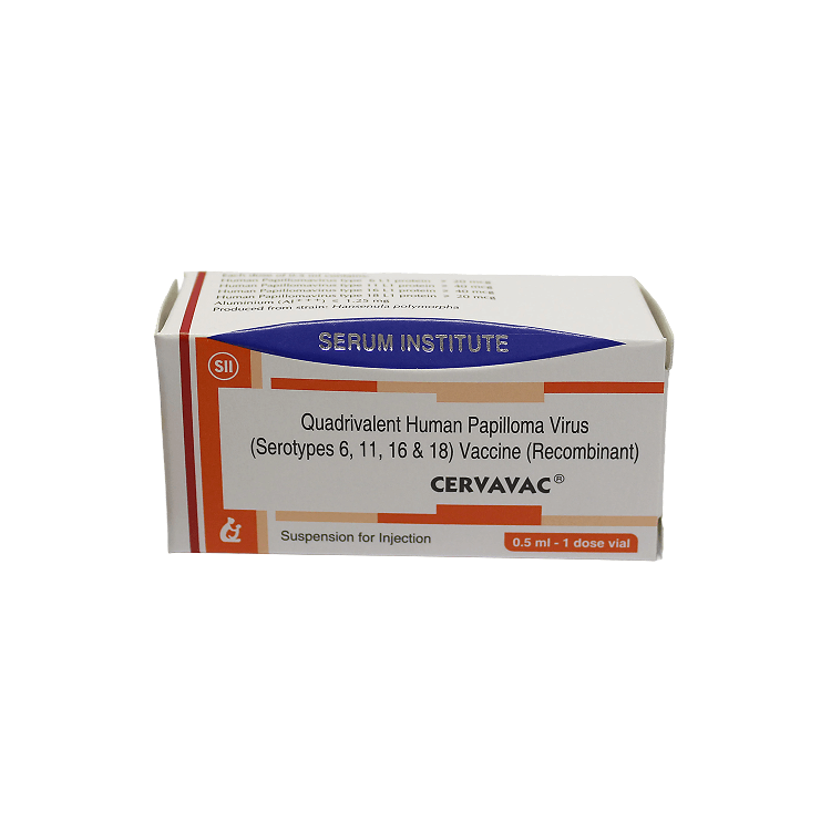 Front view of CERVAVAC (Quadrivalent Human Papilloma Virus Vaccine) 0.5 ml single-dose vial box by Serum Institute of India.