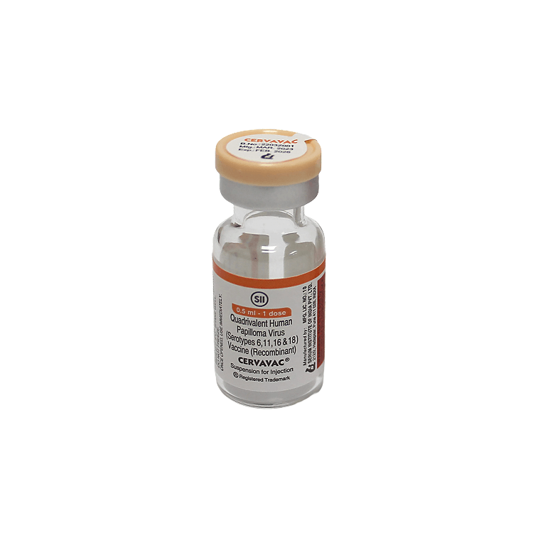 Close-up front view of the CERVAVAC 0.5 ml sterile glass vial with an orange cap for injection by Serum Institute of India.