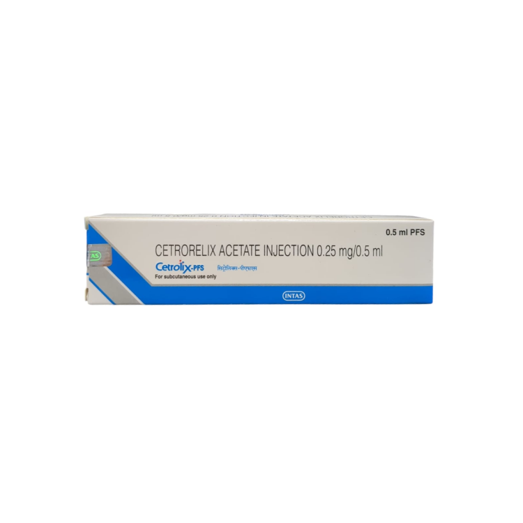 Front view of Cetrolix-PFS (Cetrorelix Acetate Injection 0.25 mg / 0.5 ml) pre-filled syringe box for subcutaneous use by INTAS.