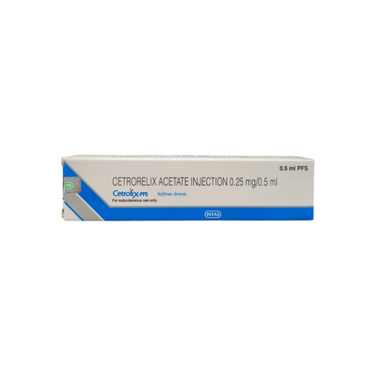 Front view of Cetrolix-PFS (Cetrorelix Acetate Injection 0.25 mg / 0.5 ml) pre-filled syringe box for subcutaneous use by INTAS.
