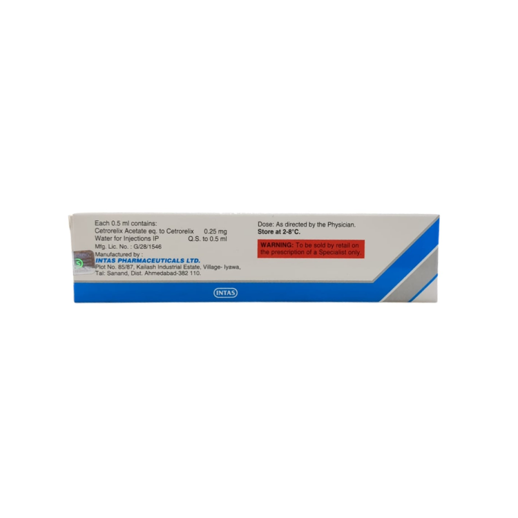 Side view of Cetrolix-PFS box showing detailed composition (0.25 mg Cetrorelix per 0.5 ml), storage instructions (2°C-8°C), and specialist prescription warning.