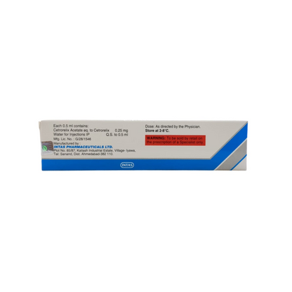 Side view of Cetrolix-PFS box showing detailed composition (0.25 mg Cetrorelix per 0.5 ml), storage instructions (2°C-8°C), and specialist prescription warning.