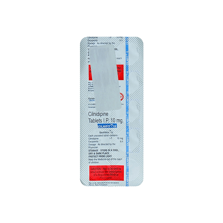 Back view of Cilnifit-10 Cilnidipine Tablets I.P. 10 mg blister pack by QREN showing composition and storage instructions.