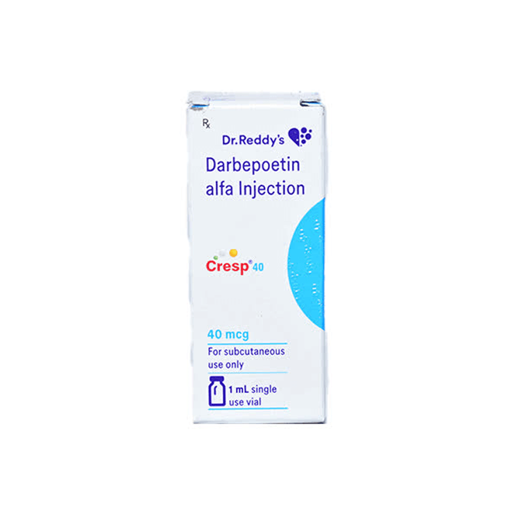 Front view of Cresp 40 (Darbepoetin alfa Injection 40 mcg) 1 mL single-use vial box for subcutaneous use by Dr. Reddy's.