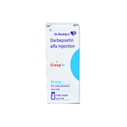 Front view of Cresp 40 (Darbepoetin alfa Injection 40 mcg) 1 mL single-use vial box for subcutaneous use by Dr. Reddy's.