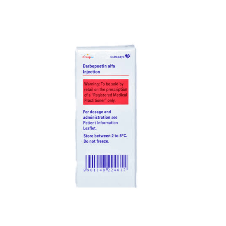 Side view of the Cresp 40 box detailing the prescription warning, dosage reference leaflet note, and refrigeration storage instructions (2 to 8°C) by Dr. Reddy's.
