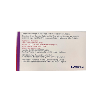 Back view of Crinone 8% box showing detailed composition, including 80mg Progesterone per gram, and manufacturer details for Merck.