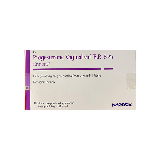 Front view of Crinone Progesterone Vaginal Gel E.P. 8% box showing 15 single-use pre-filled applicators by Merck.