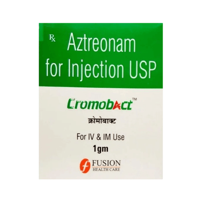 Front of Cromobact Aztreonam for Injection USP 1gm box by Fusion Health Care.