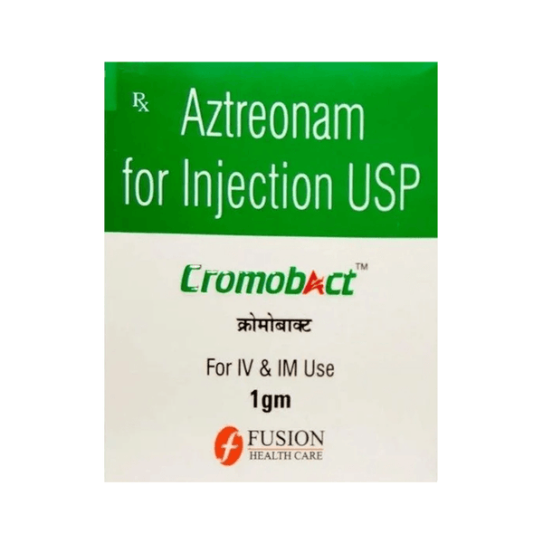 Front of Cromobact Aztreonam for Injection USP 1gm box by Fusion Health Care.