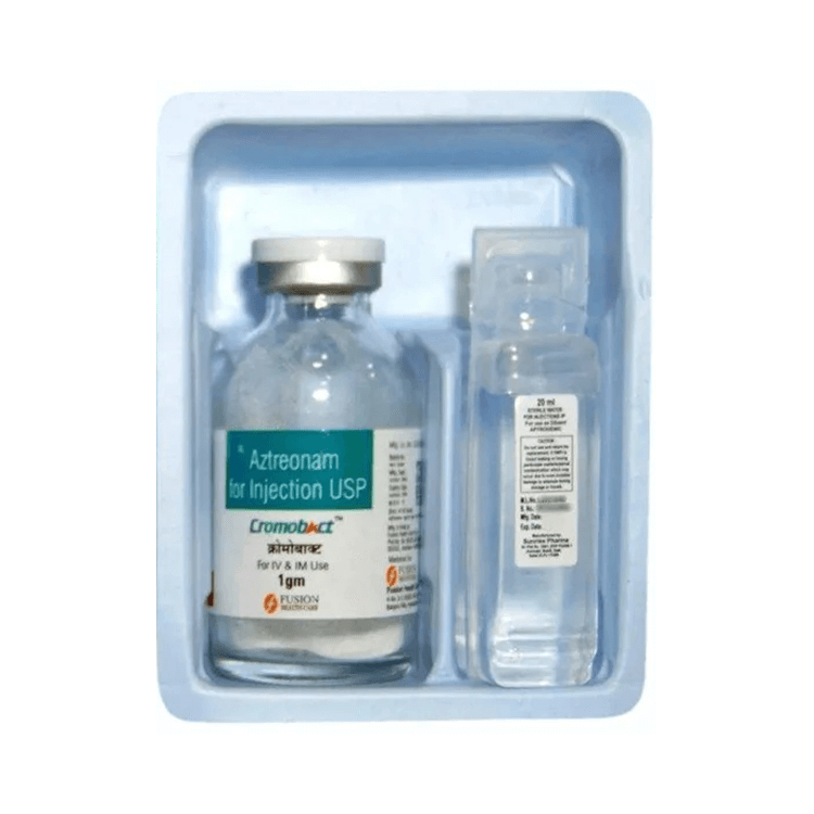 Inside Back of Cromobact Aztreonam for Injection USP 1gm box by Fusion Health Care.