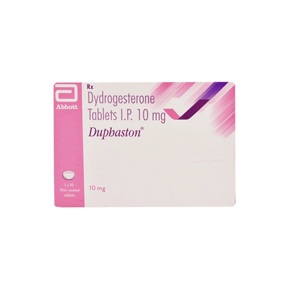 Front view of Duphaston Dydrogesterone Tablets I.P. 10 mg 1x10 film-coated tablets box by Abbott.