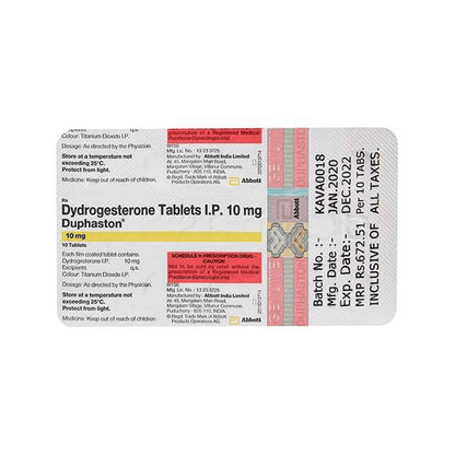 Back view of Duphaston 10 mg blister pack by Abbott showing composition, Schedule H warning, and manufacturing details.