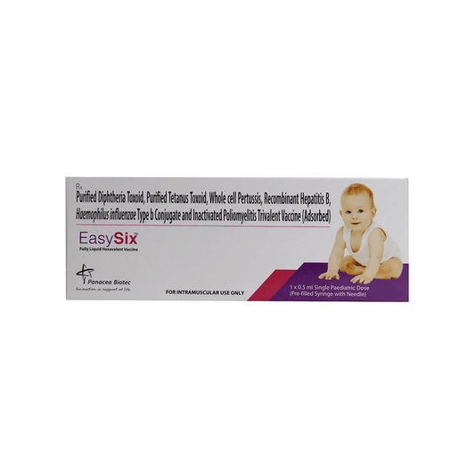 Front view of EasySix (Fully Liquid Hexavalent Vaccine) 0.5 ml single paediatric dose pre-filled syringe box by Panacea Biotec.