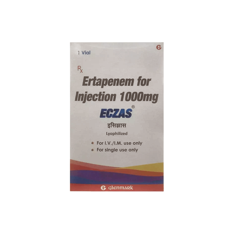 Front view of ECZAS Ertapenem for Injection 1000mg single-use lyophilized vial box by Glenmark.